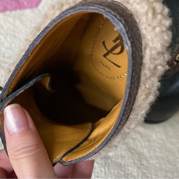 Yves Saint Laurent YSL Black Brown Shearling Trim Tribute Heel Bootie Ankle 36 - Picture 8 of 9